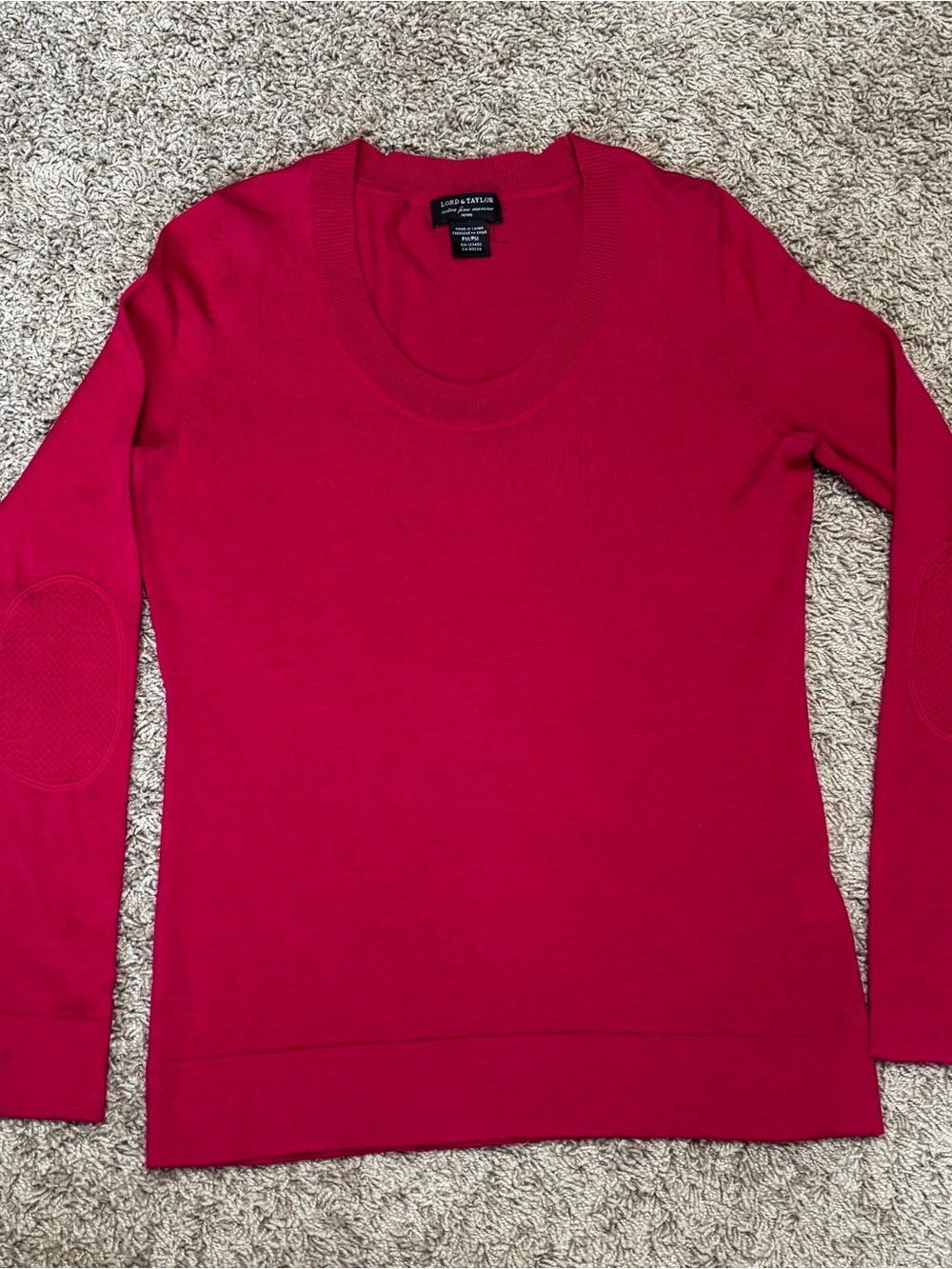 Lord & Taylor Raspberry Scoop Neck Sweater 100% merino wool elbow patches preppy